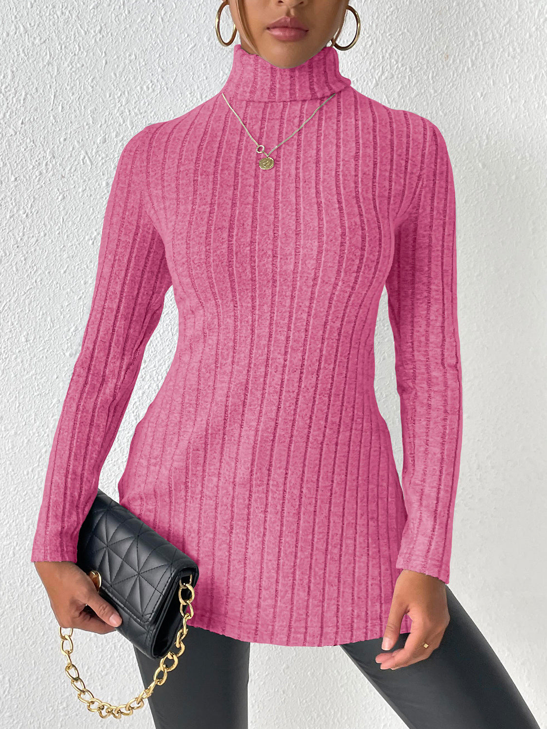 Ribbed Turtleneck Long Sleeve Slit T-Shirt