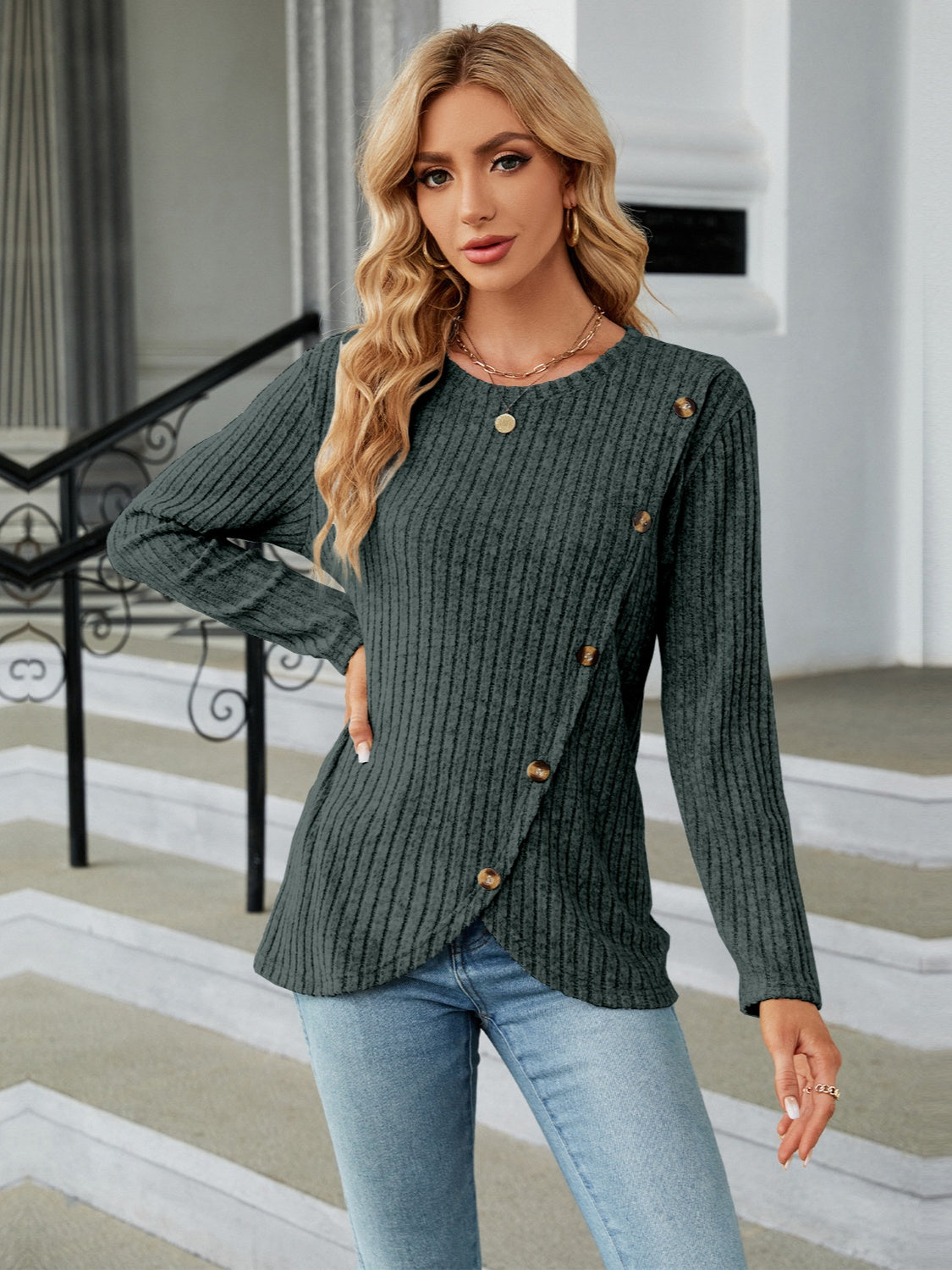 Round Neck Long Sleeve Blouse