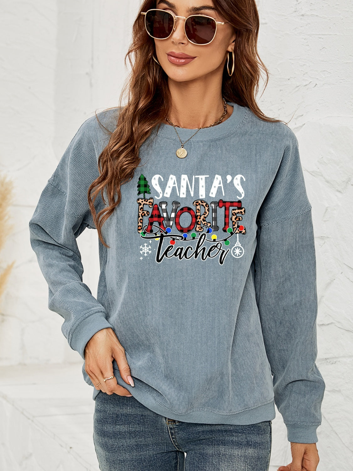 SANTA'S FAVORITE TEACHER Graphic Sweatshirt