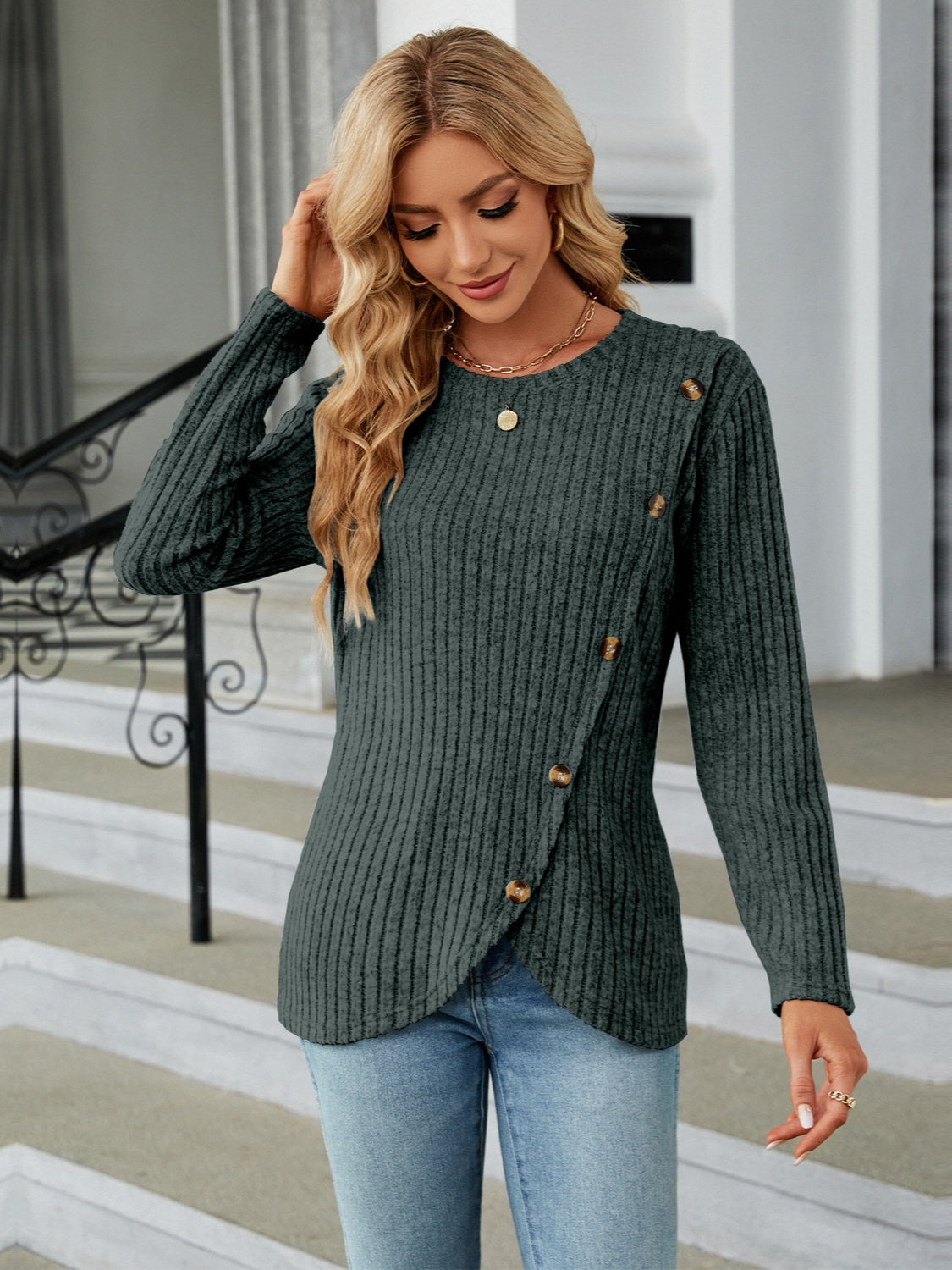 Round Neck Long Sleeve Blouse