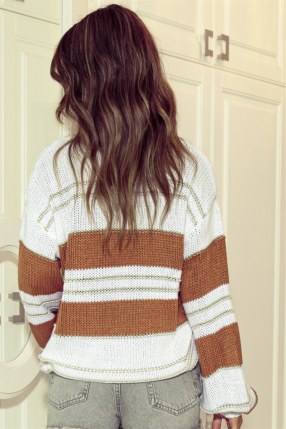 Striped Drop Shoulder Lantern Sleeve Sweater