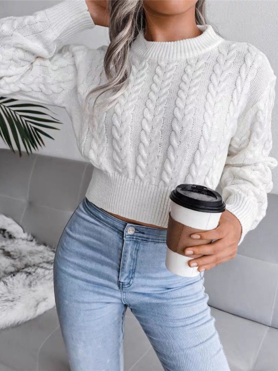 Cable-Knit Round Neck Cropped Sweater