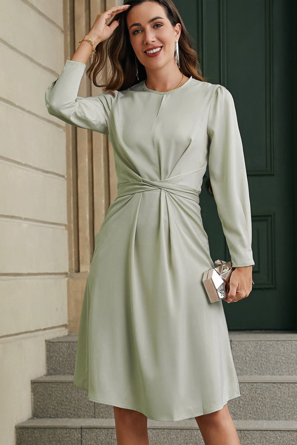 Tie-Waist Round Neck Long Sleeve Dress