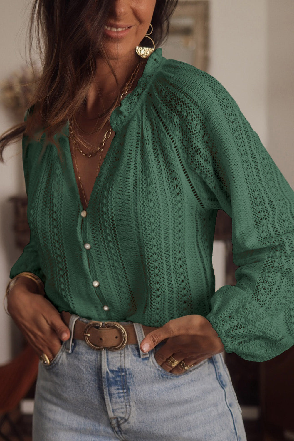 Openwork Button Up Long Sleeve Shirt