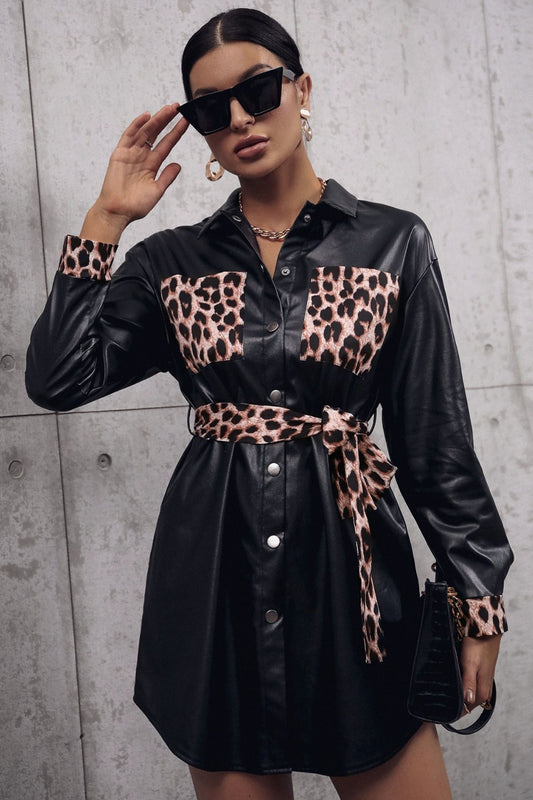 Tied Leopard Snap Down Trench Coat