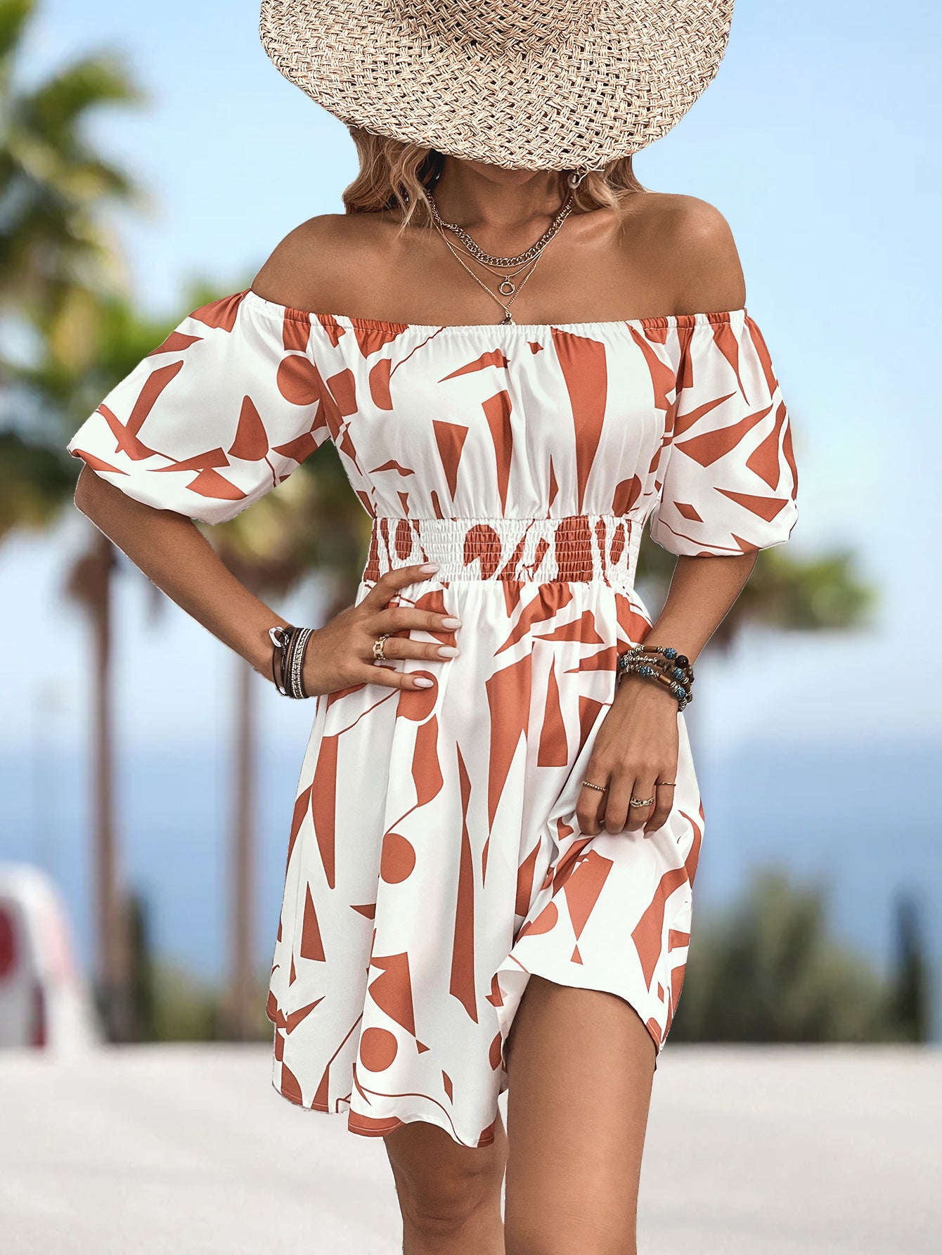 Printed Off-Shoulder Smocked Waist Dress