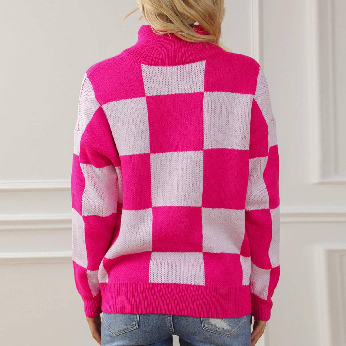 Checkered Half Zip Long Sleeve Sweater