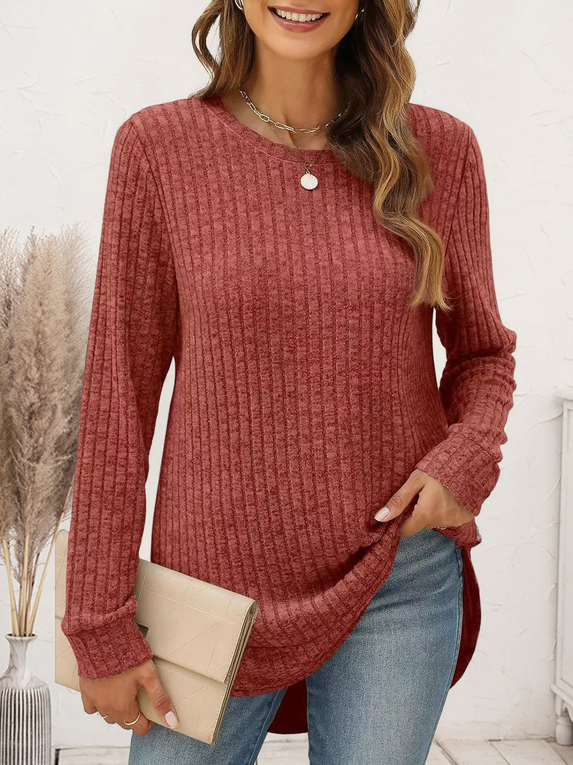 Ribbed Round Neck Long Sleeve T-Shirt