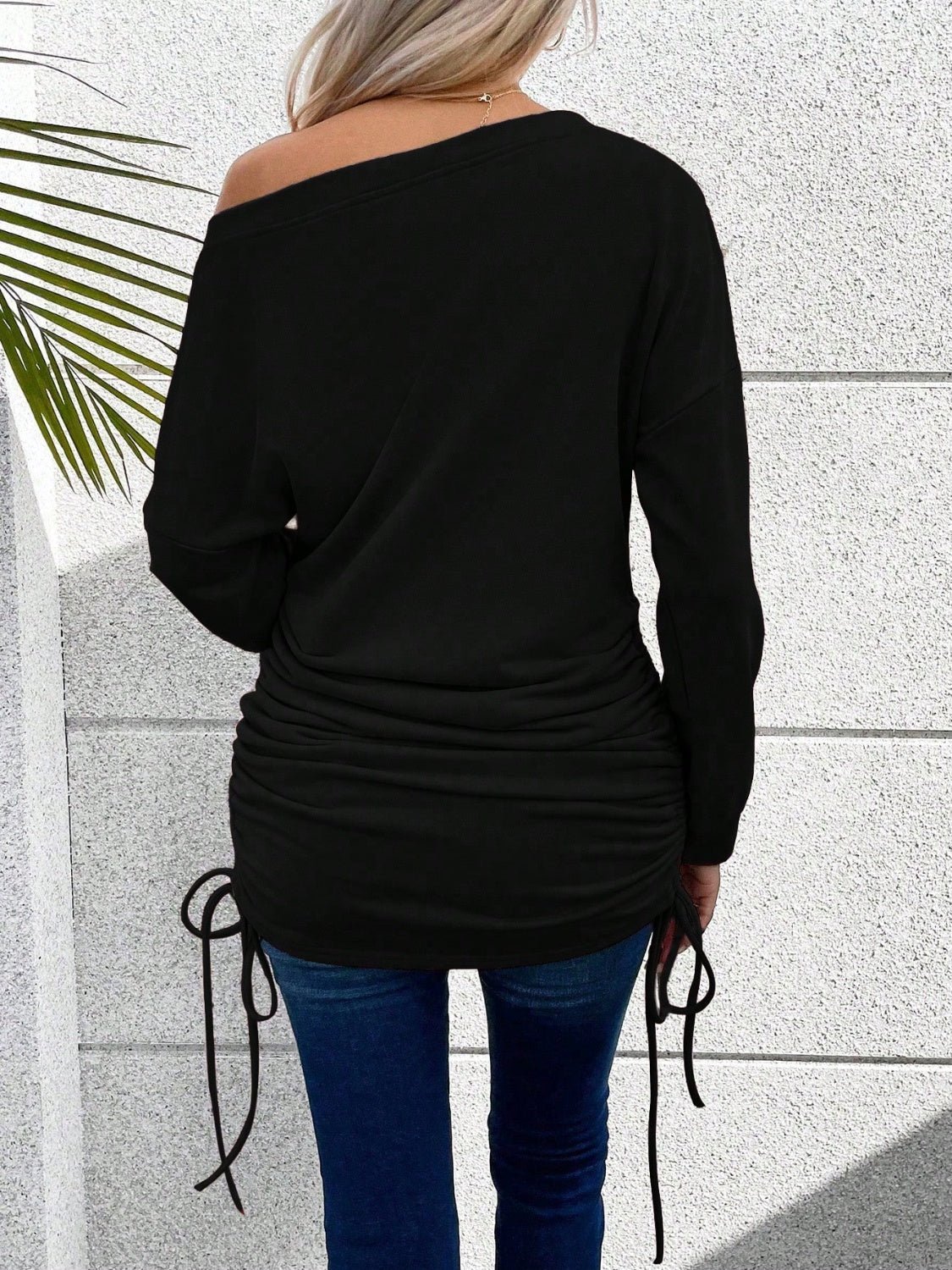 Ruched Single Shoulder Long Sleeve T-Shirt