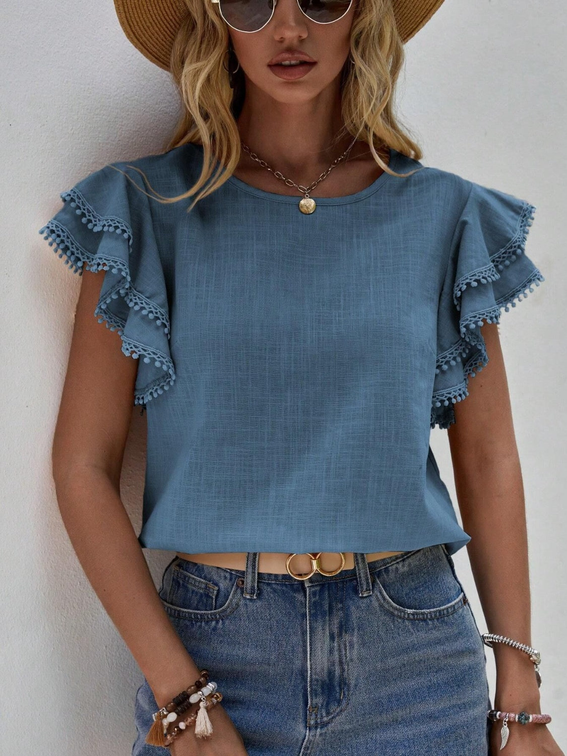 Ruffled Cap Sleeve Round Neck Blouse